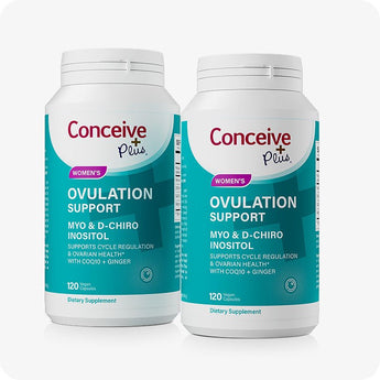 For Conceive Plus Women's Fertility Support and Ovulation Support Bundle, double-pack of Women's Ovulation Support supplements featuring two teal-labeled bottles with 120 vegan capsules each, formulated with Myo & D-Chiro Inositol, CoQ10, and ginger, displayed on a white background.