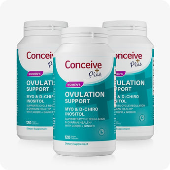 For Conceive Plus Women's Fertility Support and Ovulation Support Bundle, 3-pack of Women's Ovulation Support supplements arranged in a forward-facing cluster, each teal-labeled bottle containing 120 vegan capsules formulated with Myo & D-Chiro Inositol, CoQ10, and ginger, presented on a white background.