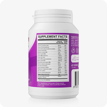For Conceive Plus Women's Fertility Support and Ovulation Support Bundle, back label of Women's Fertility Support bottle showing detailed supplement facts panel with vitamin and mineral dosages per serving, printed on a purple background with a white cap.