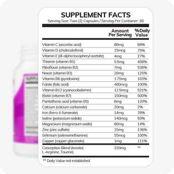 For Conceive Plus Women's Fertility Support and Ovulation Support Bundle, close-up of Women's Fertility Support supplement facts label listing daily values for key vitamins and minerals such as B12, folate, iron, and zinc, along with a proprietary conception blend formatted in black text on a white background.