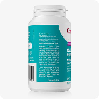 For Conceive Plus Women's Fertility Support and Ovulation Support Bundle, side label view of Women's Ovulation Support bottle showing safety warnings, distributor contacts across USA, UK, and Asia, FDA disclaimer, and barcode on teal background.
