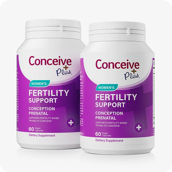 For Conceive Plus Women's Fertility Support and Ovulation Support Bundle, 2-pack image showing two purple bottles of Women's Fertility Support supplements labeled “Conception Prenatal,” each containing 60 vegan capsules, placed side by side on a white background.
