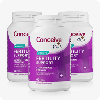 For Conceive Plus Women's Fertility Support and Ovulation Support Bundle, 3-pack of Women's Fertility Support bottles arranged in a triangular layout, each labeled “Conception Prenatal” with 60 vegan capsules, set against a white background.