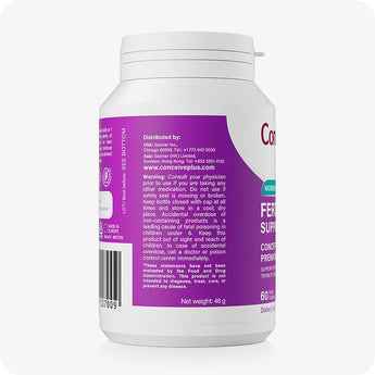 For Conceive Plus Women's Fertility Support and Ovulation Support Bundle, side label view of Women's Fertility Support bottle showing supplement warnings, distributor details, and barcode, highlighting regulatory and safety information on a curved purple label with white cap against a soft background.