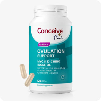 For Conceive Plus Women's Fertility Support and Ovulation Support Bundle, image featuring teal-labeled Ovulation Support supplement bottle with beige vegan capsules in foreground, formulated with Myo & D-Chiro Inositol, CoQ10, and ginger to support ovarian health and cycle regulation, displayed on a minimal white background.